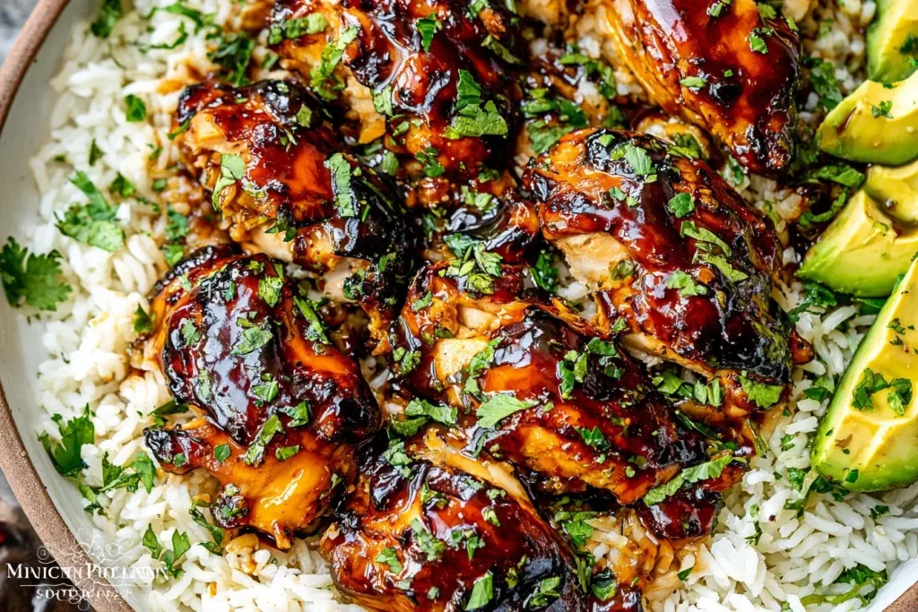 Best Hawaiian BBQ Chicken thighs glazed with sweet-savory sauce over white rice and avocado slices
