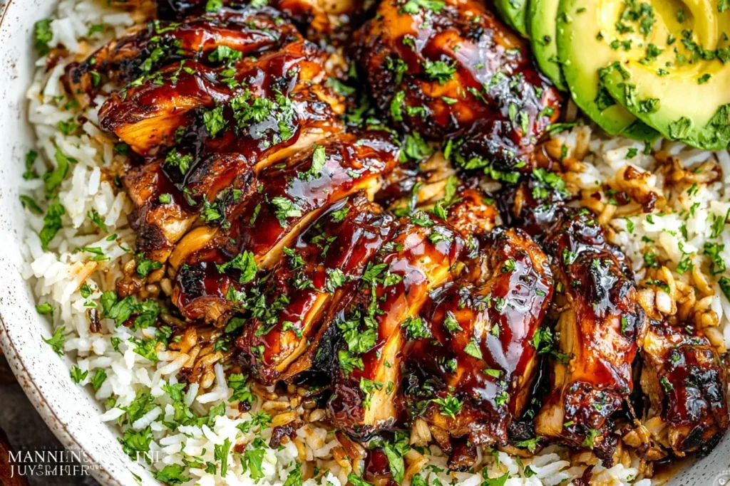 Best Hawaiian BBQ Chicken glazed in sweet-savory sauce served over rice with avocado slices