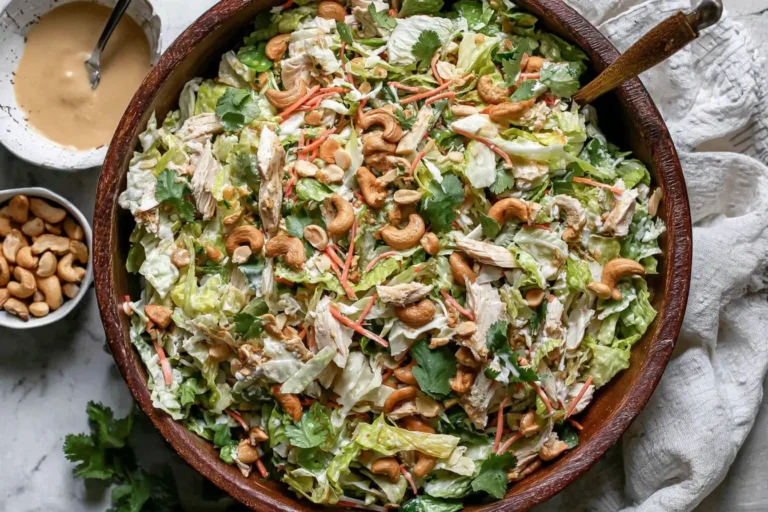 Bowl of Chicken Cashew Crunch Salad with shredded chicken, crisp cabbage, roasted cashews, and fresh cilantro.