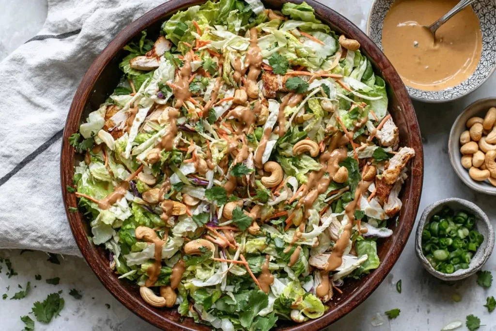 Fresh and colorful Chicken Cashew Crunch Salad topped with creamy tahini dressing, roasted cashews, and shredded rotisserie chicken.