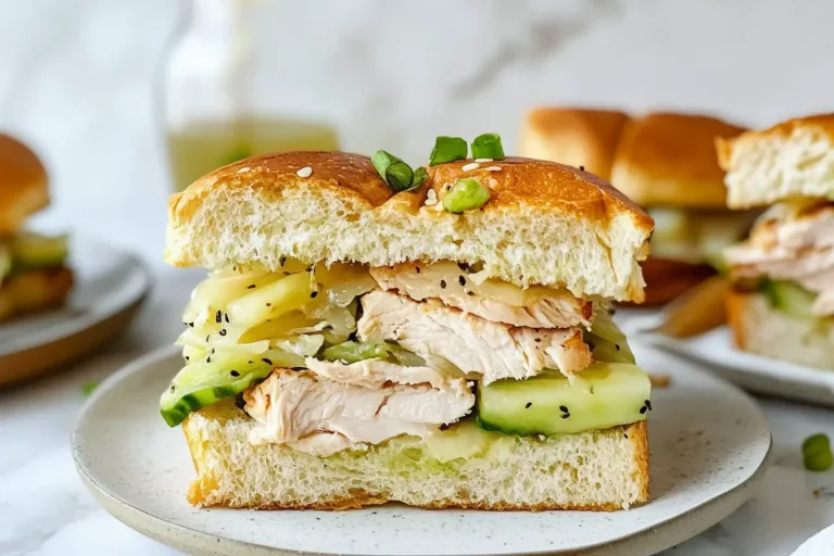 Close-up of a Rotisserie Chicken Hawaiian Slider with cucumber, pineapple, and shredded chicken on a soft Hawaiian roll.
