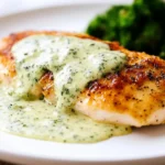 Juicy chicken breast topped with creamy basil sauce – a comforting Chicken in Basil Cream Sauce dinner served with broccoli.