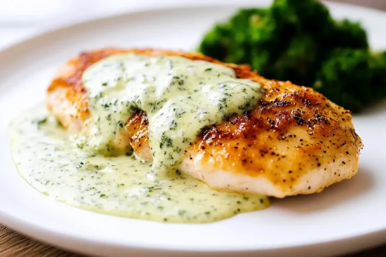 Juicy chicken breast topped with creamy basil sauce – a comforting Chicken in Basil Cream Sauce dinner served with broccoli.
