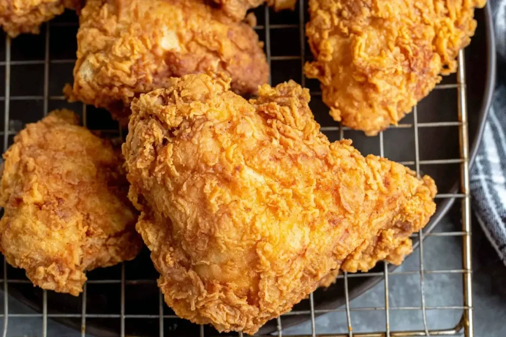 Close-up of crispy homemade Kentucky Fried Chicken resting on a wire rack