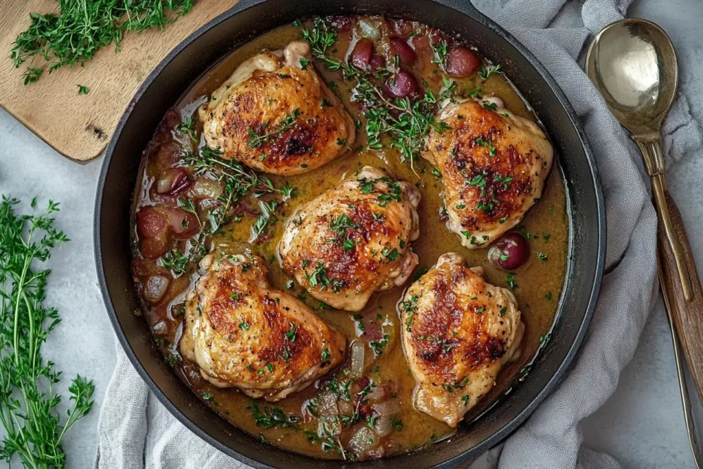 Golden seared chicken thighs in a skillet with creamy sauce and herbs – French Mustard Chicken