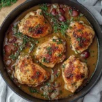 Golden seared chicken thighs in a skillet with creamy sauce and herbs – French Mustard Chicken