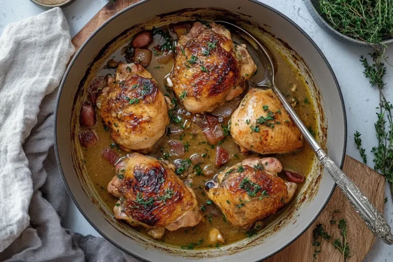Golden chicken thighs simmering in creamy French mustard sauce with herbs