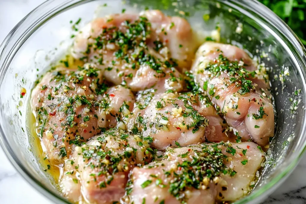 Marinated Garlic Lemon Chicken Thighs in a glass bowl with herbs and spices.