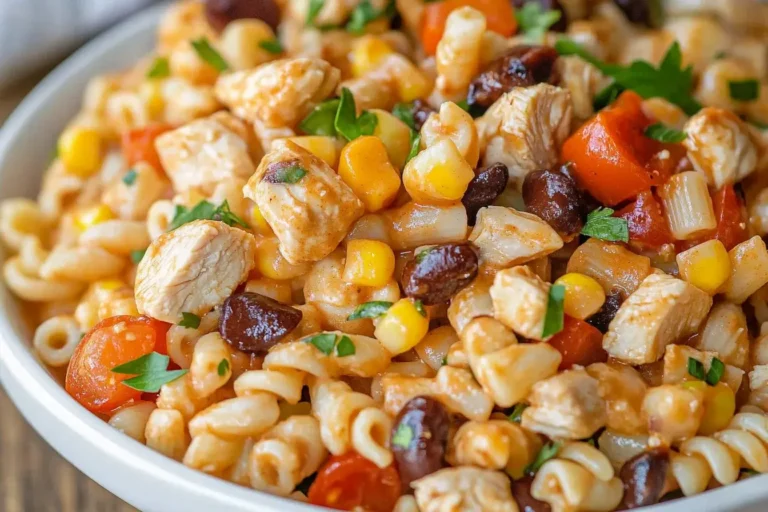 Close-up of BBQ Chicken Pasta Salad with corn, black beans, and tender chicken in a creamy BBQ dressing