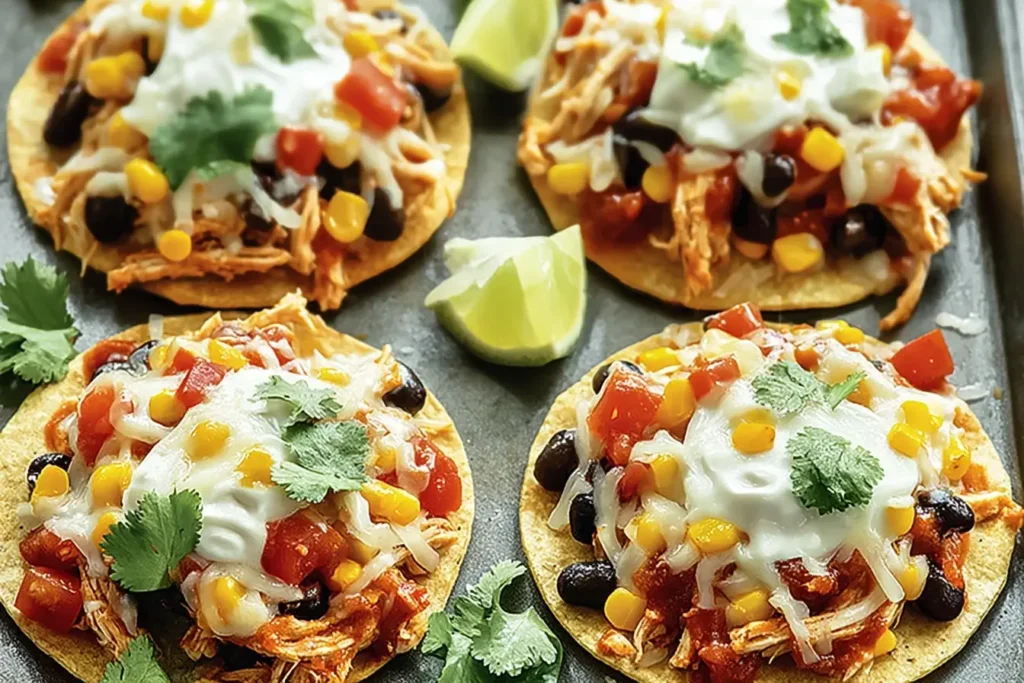 Mexican Rotisserie Chicken Tostadas topped with sour cream, corn, black beans, tomatoes, and cilantro served with lime wedges.