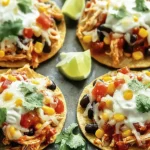 Mexican Rotisserie Chicken Tostadas topped with sour cream, corn, black beans, tomatoes, and cilantro served with lime wedges.