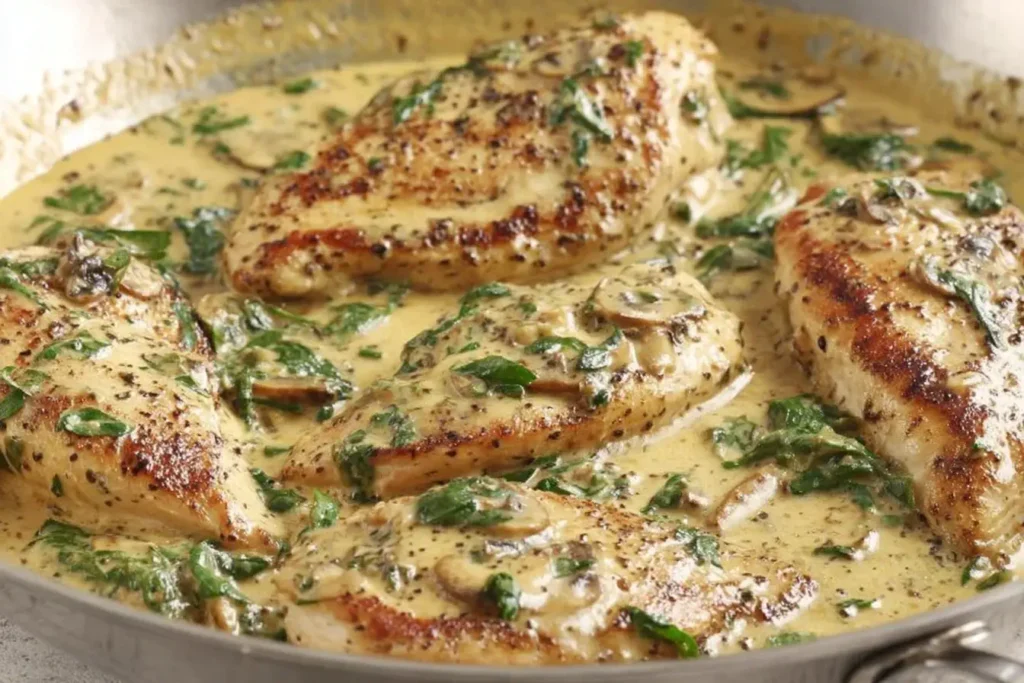 Creamy Dijon Chicken breasts simmering in a rich mustard sauce with spinach and mushrooms in a skillet.