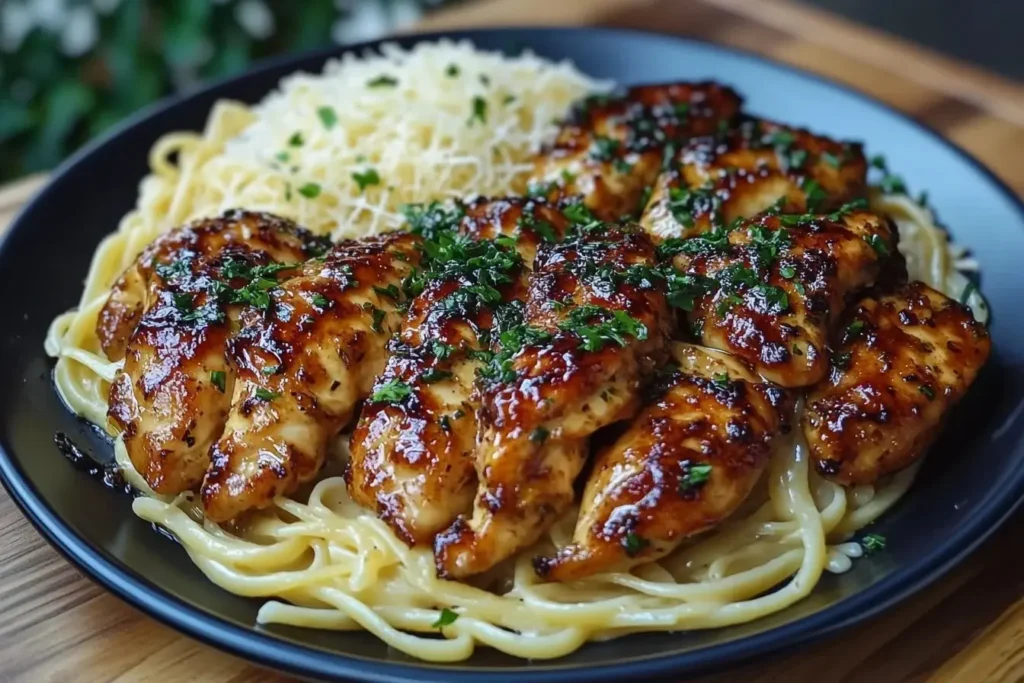Lemon Garlic Butter Chicken with Creamy Parmesan Linguine served on a black plate with shredded Parmesan and fresh parsley garnish.