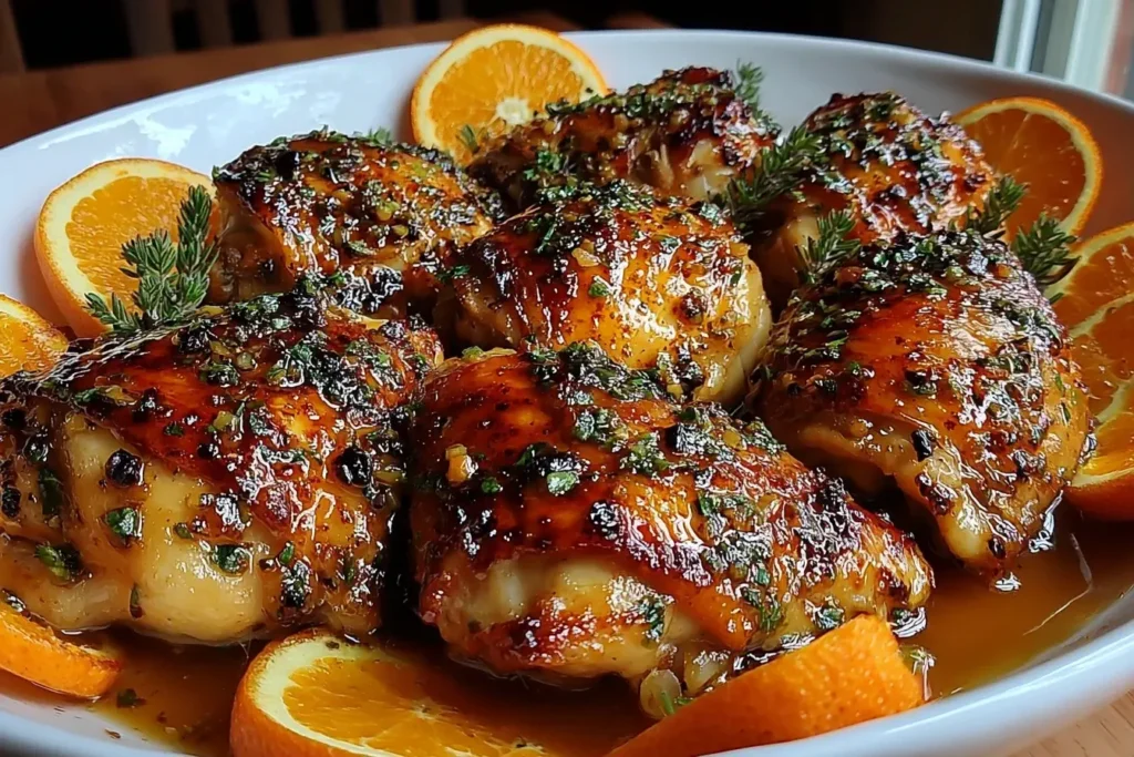 Roasted Orange Chicken thighs glazed with citrus-herb sauce and garnished with fresh orange slices and thyme.