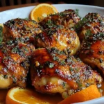 Roasted Orange Chicken thighs glazed with citrus-herb sauce and garnished with fresh orange slices and thyme.