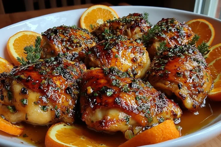 Roasted Orange Chicken thighs glazed with citrus-herb sauce and garnished with fresh orange slices and thyme.