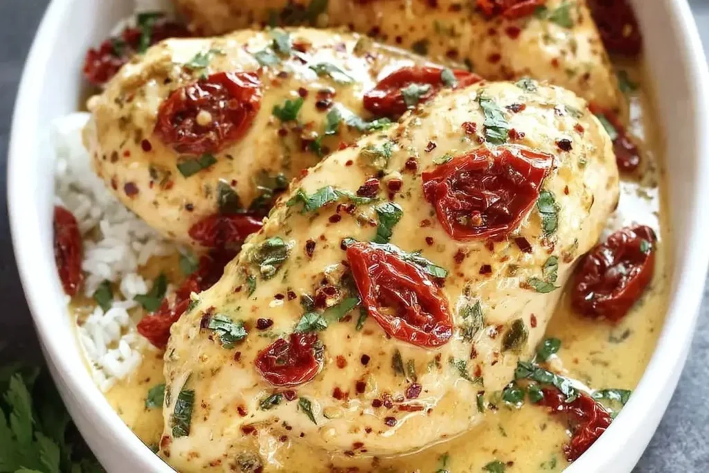 Crockpot Marry Me Chicken served over white rice with creamy sauce and sun-dried tomatoes.