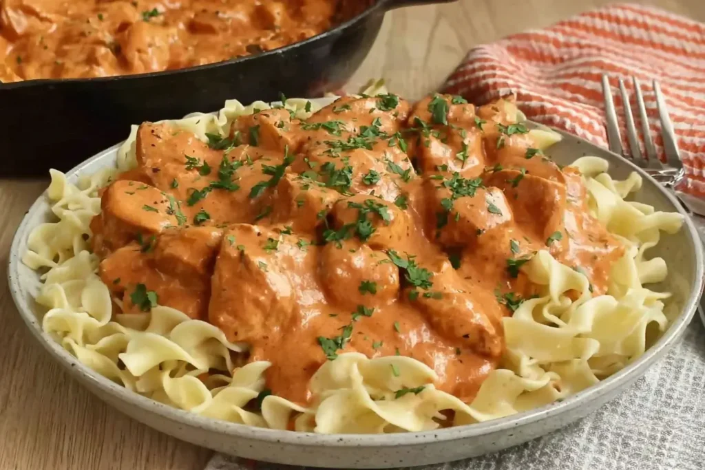 Chicken Paprikash served over egg noodles, garnished with parsley