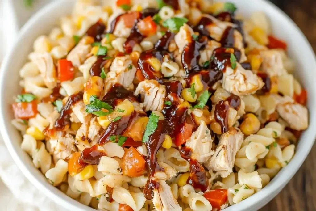 BBQ Chicken Pasta Salad in a white bowl with colorful veggies, drizzled with BBQ sauce