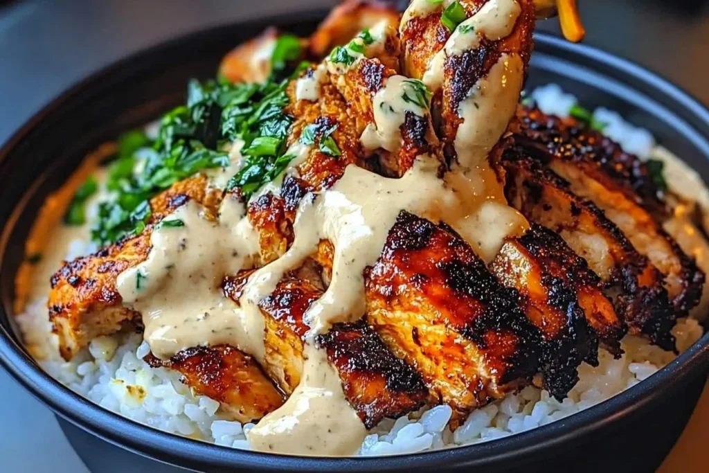 Grilled Chicken Rice Bowls with Creamy Garlic Sauce, topped with fresh parsley and drizzled with rich, garlicky dressing.