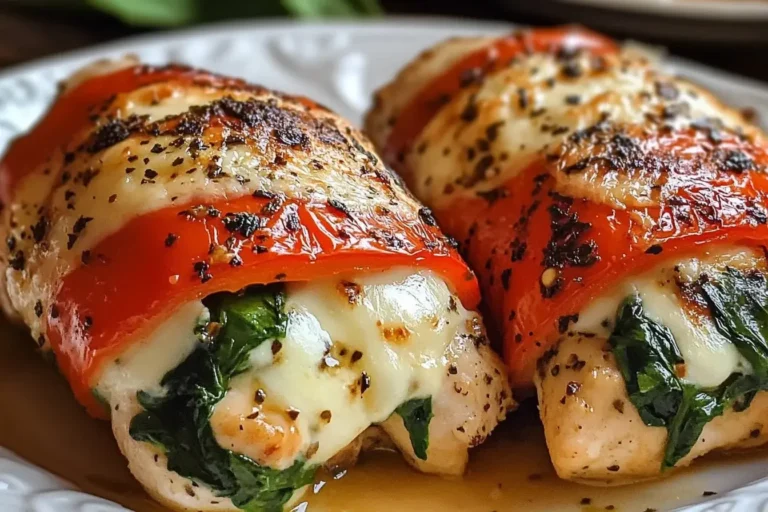 Oven-baked Roasted Red Pepper, Spinach, and Mozzarella Stuffed Chicken showcasing melted cheese, vibrant spinach, and charred red peppers on a white plate.