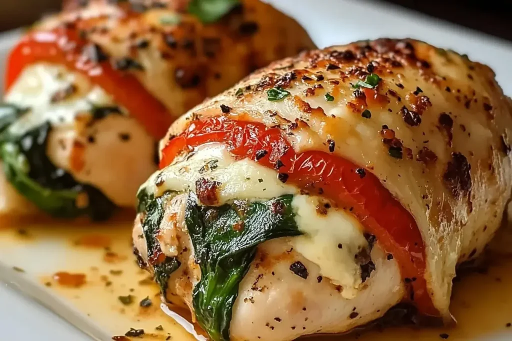 Close-up of juicy Roasted Red Pepper, Spinach, and Mozzarella Stuffed Chicken baked to perfection with golden, cheesy tops and tender spinach filling.