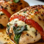 Close-up of juicy Roasted Red Pepper, Spinach, and Mozzarella Stuffed Chicken baked to perfection with golden, cheesy tops and tender spinach filling.