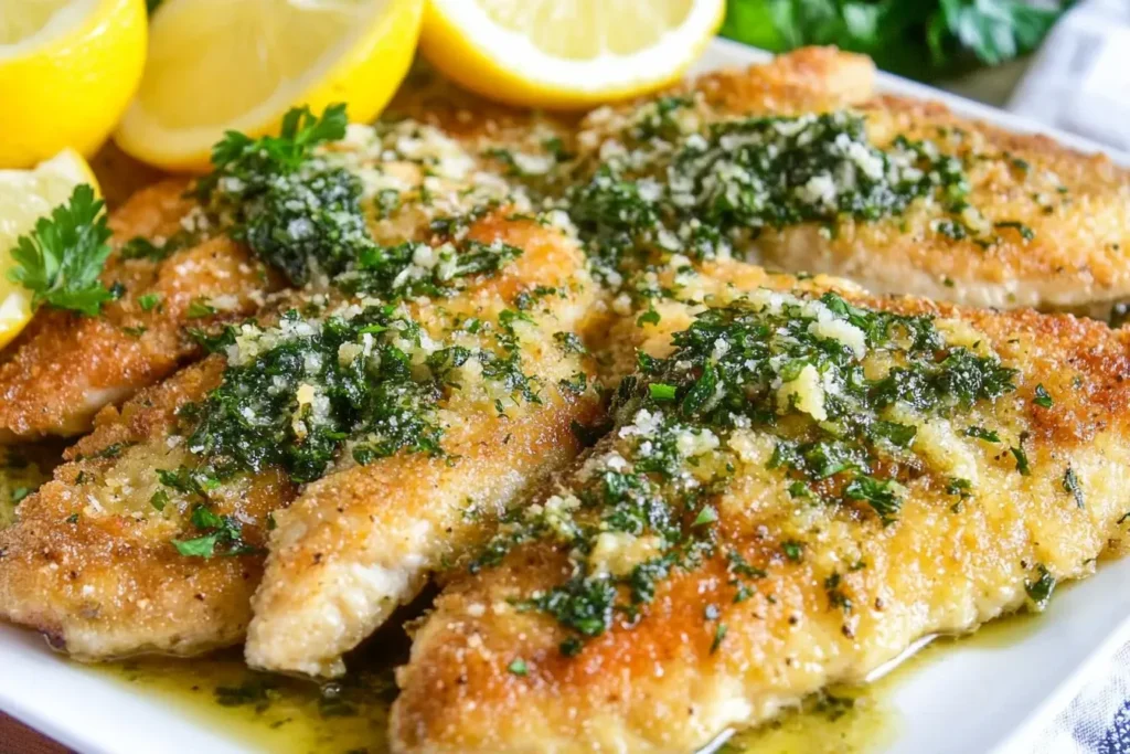 Golden, crispy Chicken Salmoriglio topped with fresh parsley, garlic, and lemon sauce.