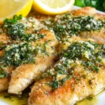 Golden, crispy Chicken Salmoriglio topped with fresh parsley, garlic, and lemon sauce.