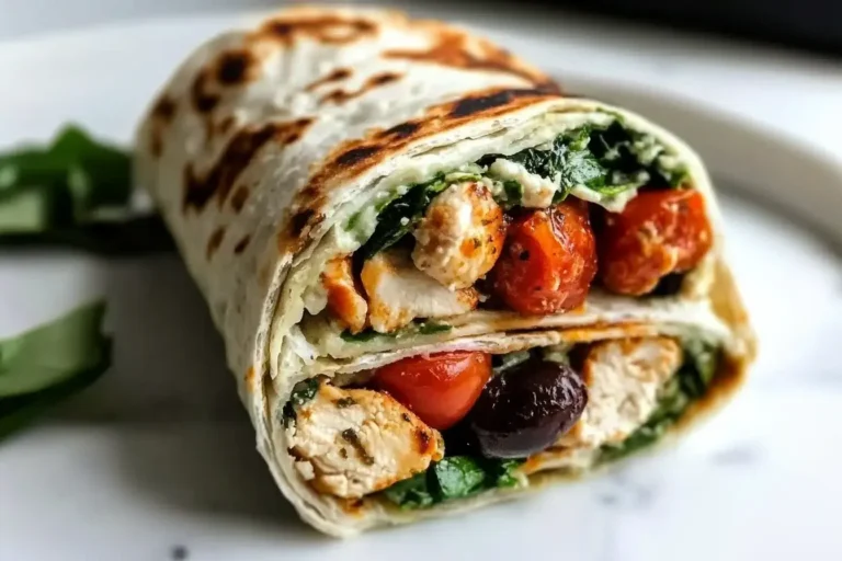 Mediterranean Chicken Wraps with grilled chicken, cherry tomatoes, olives, spinach, and creamy yogurt sauce in a toasted tortilla.