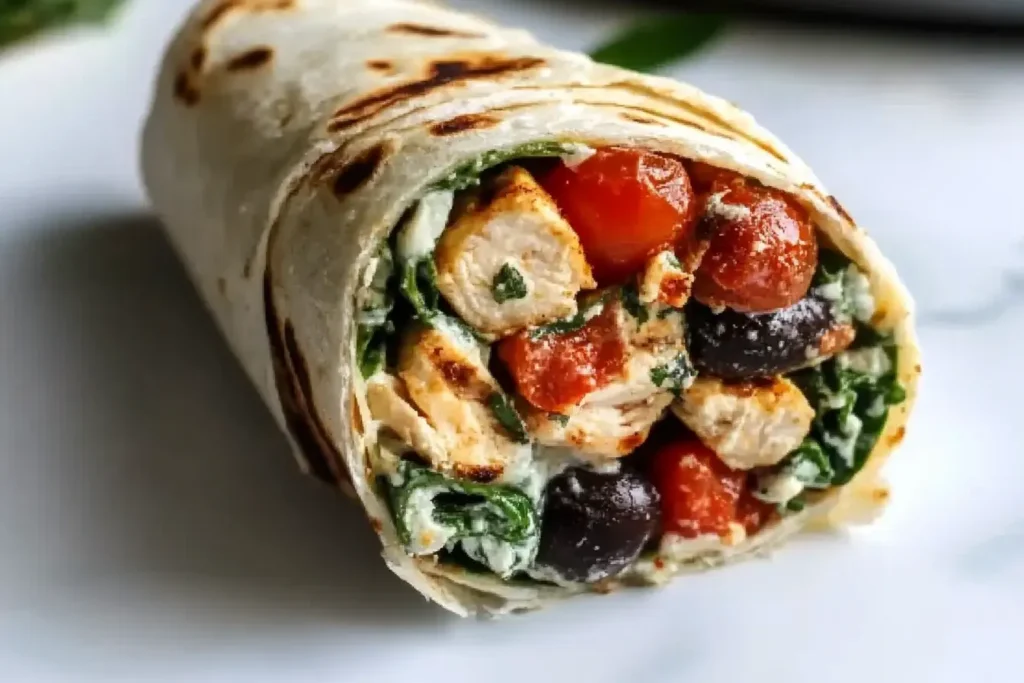 Mediterranean Chicken Wraps filled with grilled chicken, cherry tomatoes, olives, and creamy yogurt sauce wrapped in a soft tortilla.