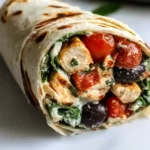 Mediterranean Chicken Wraps filled with grilled chicken, cherry tomatoes, olives, and creamy yogurt sauce wrapped in a soft tortilla.