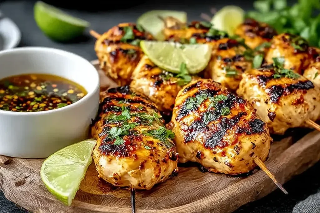 Grilled skewers of Key West Grilled Chicken garnished with fresh cilantro and lime wedges, served with a tangy dipping sauce.