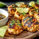 Grilled skewers of Key West Grilled Chicken garnished with fresh cilantro and lime wedges, served with a tangy dipping sauce.