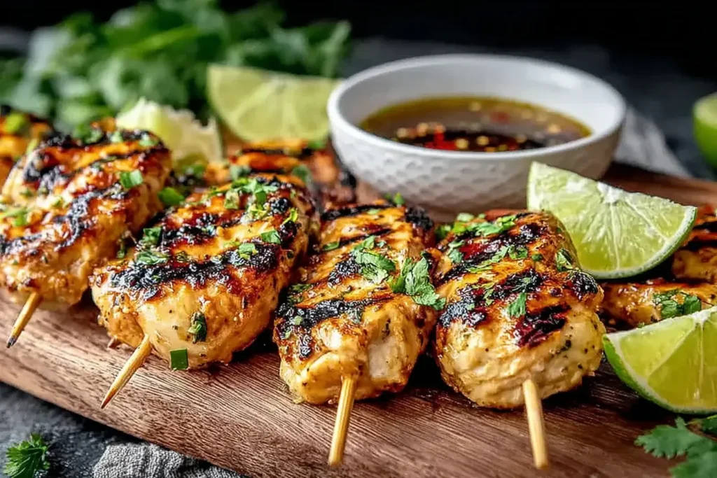 Close-up of Key West Grilled Chicken skewers garnished with fresh cilantro and lime slices, served with a citrus soy dipping sauce.