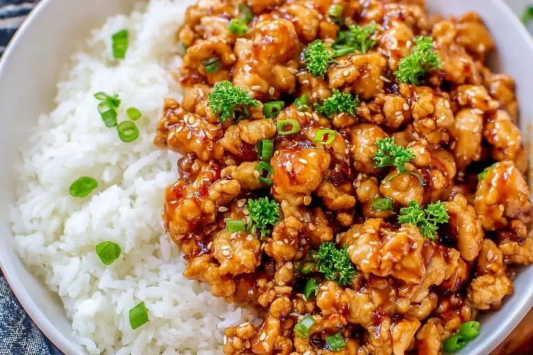 Ground Orange Chicken served over white rice, garnished with sesame seeds and green onions