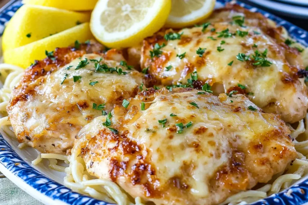 Golden, cheesy Chicken Exquisito served over pasta with fresh lemon wedges and parsley garnish.