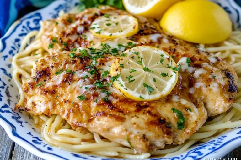 Chicken Exquisito topped with lemon slices and parsley, served over a bed of pasta.