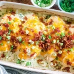 Million Dollar Chicken Bake topped with melted cheese, crispy bacon, and green onions in a white baking dish.