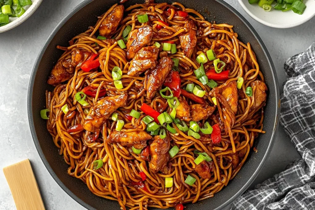 Close-up of Hoisin Chicken with Noodles in a skillet, topped with green onions and red bell peppers.
