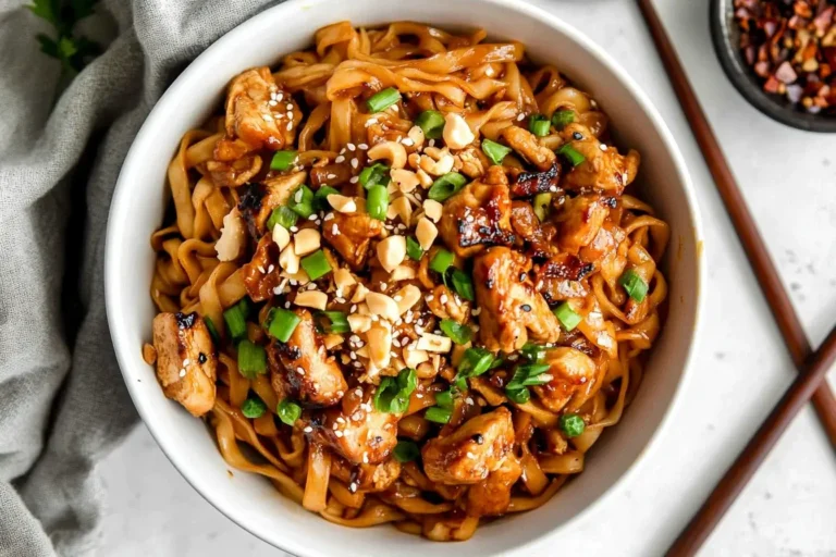 Kung Pao Chicken Noodles served in a white bowl, topped with peanuts, sesame seeds, and scallions