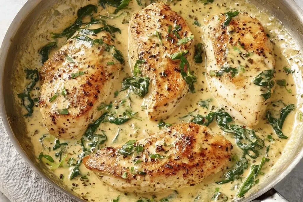 Creamy Dijon Chicken breasts cooked in a rich mustard cream sauce with spinach, garnished with fresh herbs in a skillet.