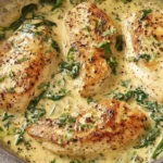 Creamy Dijon Chicken breasts cooked in a rich mustard cream sauce with spinach, garnished with fresh herbs in a skillet.