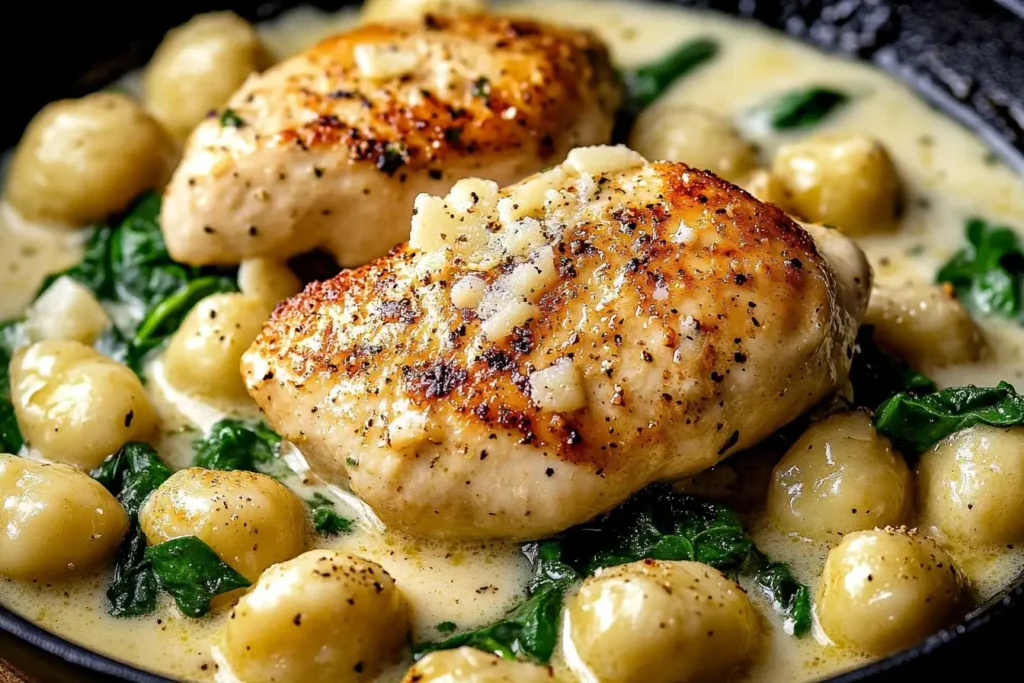 Asiago Chicken and Gnocchi with golden seared chicken breasts, creamy sauce, spinach, and pillowy gnocchi in a skillet