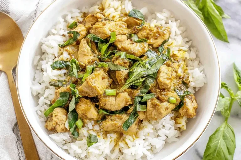 Basil Chicken with Coconut Curry Sauce garnished with fresh basil and served over steamed white rice in a bowl.