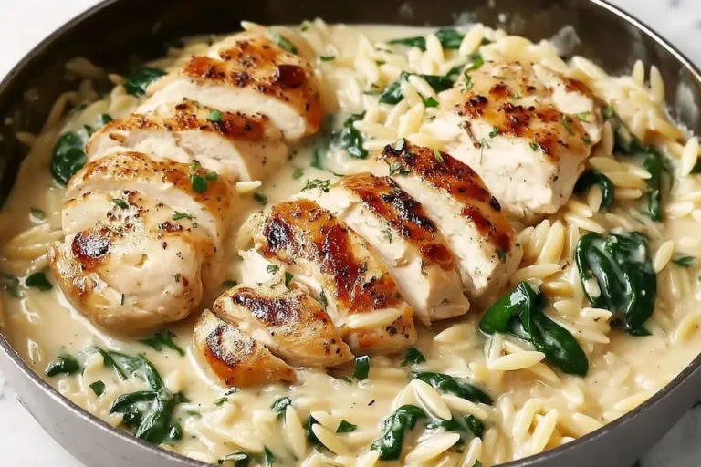 Creamy Boursin Orzo with Chicken in a skillet with fresh spinach and seared chicken breasts