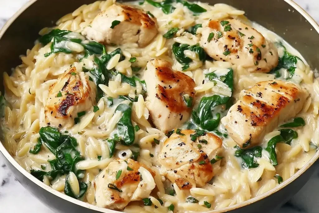 Close-up of Boursin Orzo with Chicken featuring creamy orzo, spinach, and juicy seared chicken pieces in a skillet