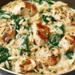 Close-up of Boursin Orzo with Chicken featuring creamy orzo, spinach, and juicy seared chicken pieces in a skillet