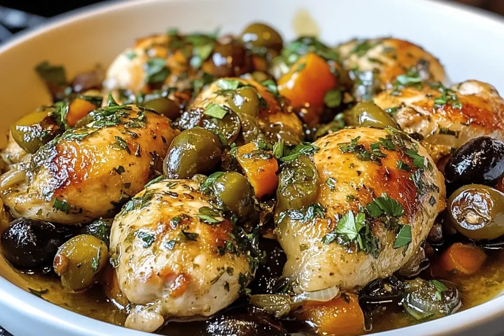 Close-up of Ina Garten’s Chicken Marbella with olives, prunes, and herbs, cooked to golden perfection in a white serving dish.