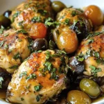 Golden roasted chicken thighs in Ina Garten’s Chicken Marbella, surrounded by olives, cherry tomatoes, and fresh herbs in a white dish.
